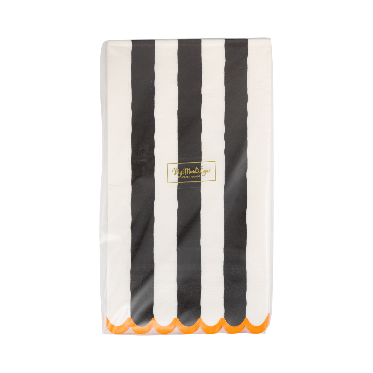 Striped paper napkin with black and white stripes and orange trim on a clear packaging.
