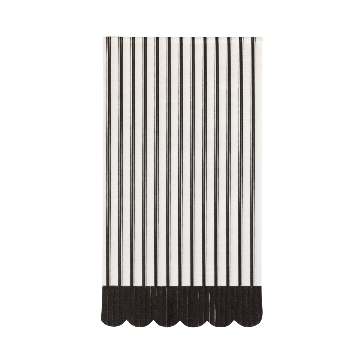 Black-and-cream striped paper dinner napkin with a black scalloped edge, front view.