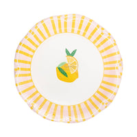 Packaged yellow pink striped scallop plates front view