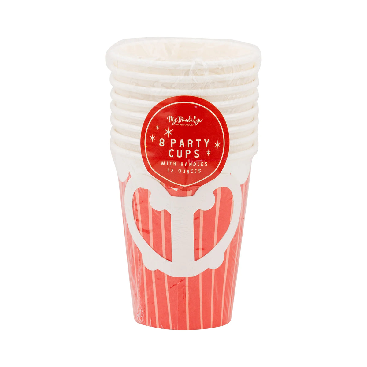 Stack of 8-pack 12oz red paper cups with handles in the original plastic packaging.	