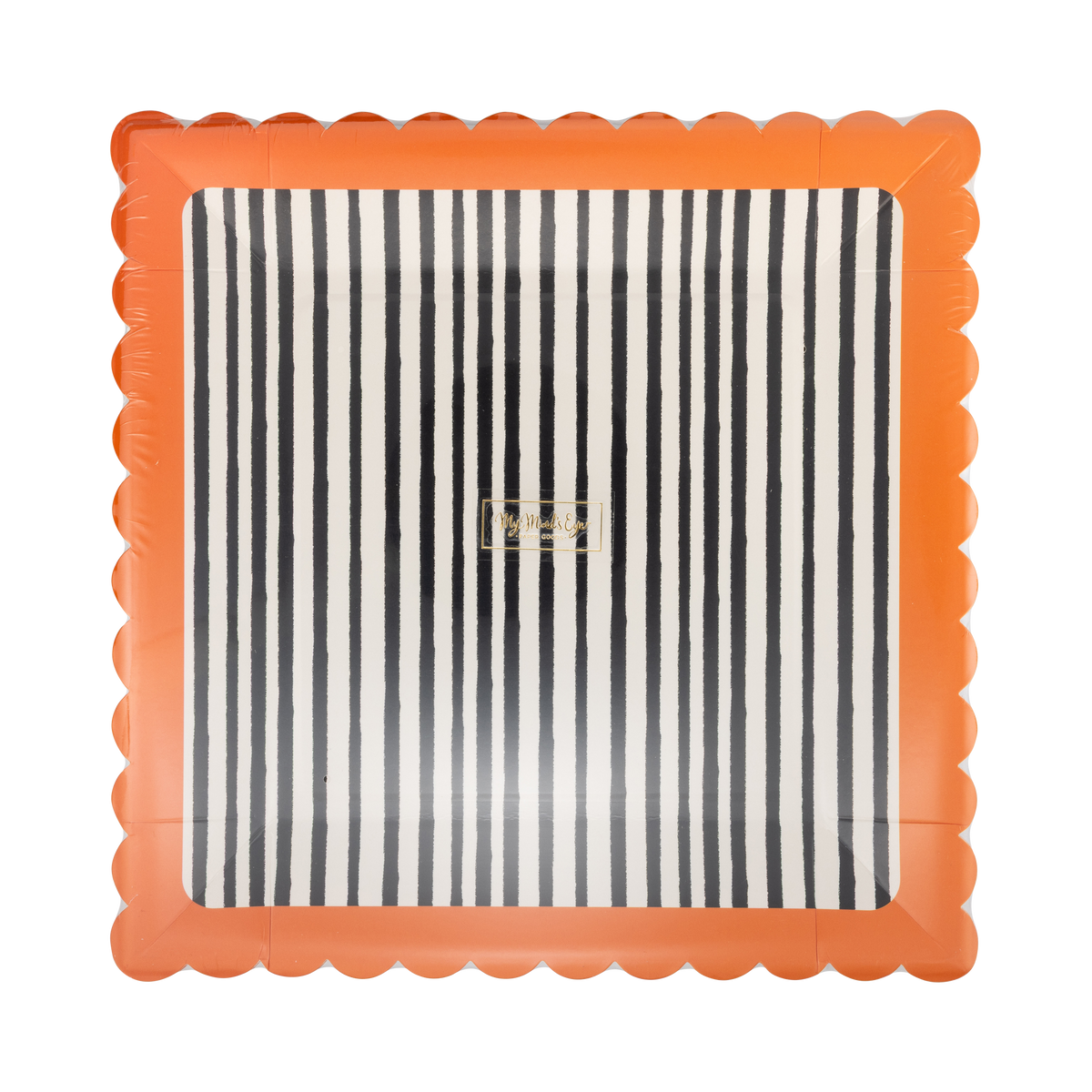 Angled view of the striped square Halloween plate showing the black-and-cream vertical stripes and orange scalloped edge detail, packaged top view.