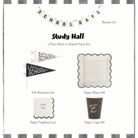 Study Hall back to school party kit contents, School Days felt banner, first and last day of school felt pennants, notebook paper plates, School Days napkins and You've Got This cups