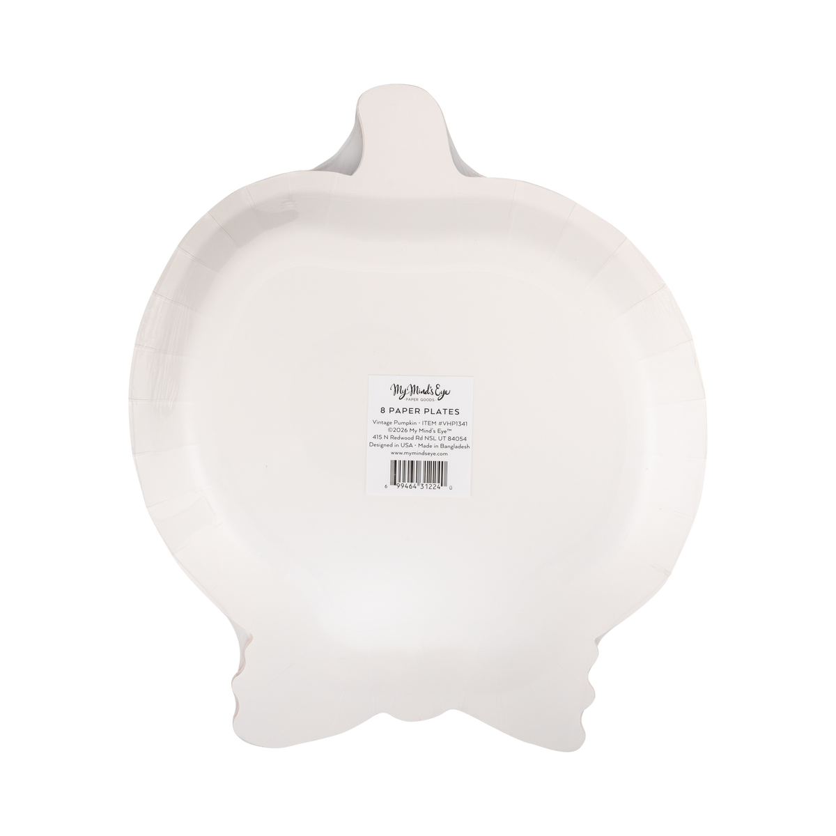Back view of a pumpkin shaped paper plate with 'My Mind's Eye' branding