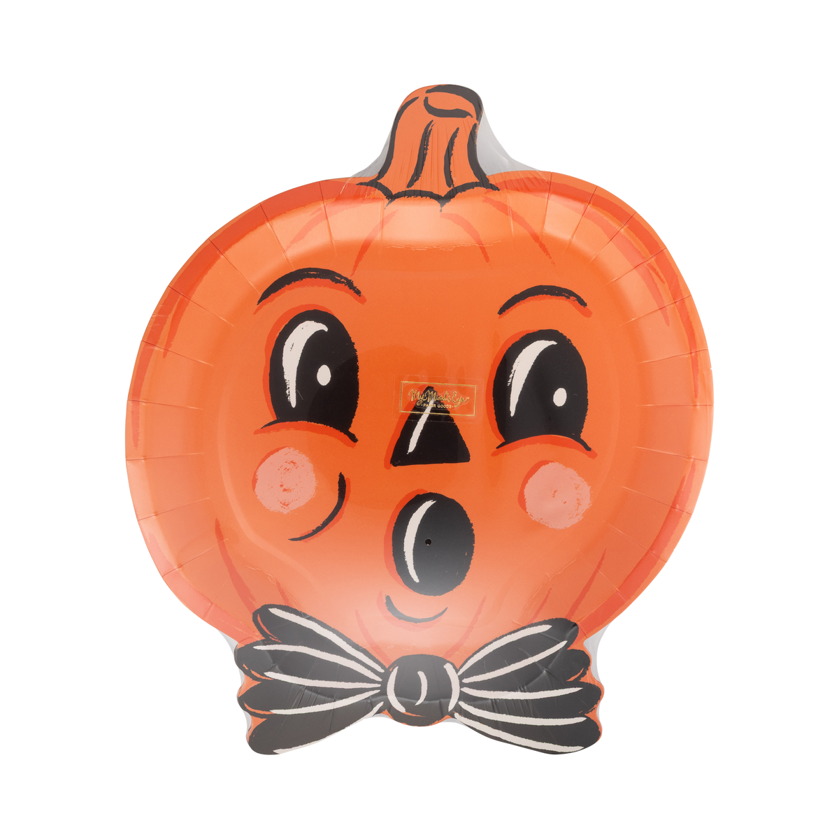 Halloween-themed balloon shaped like a pumpkin with a face and bow tie on a white background