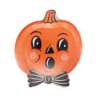 Halloween-themed balloon shaped like a pumpkin with a face and bow tie on a white background