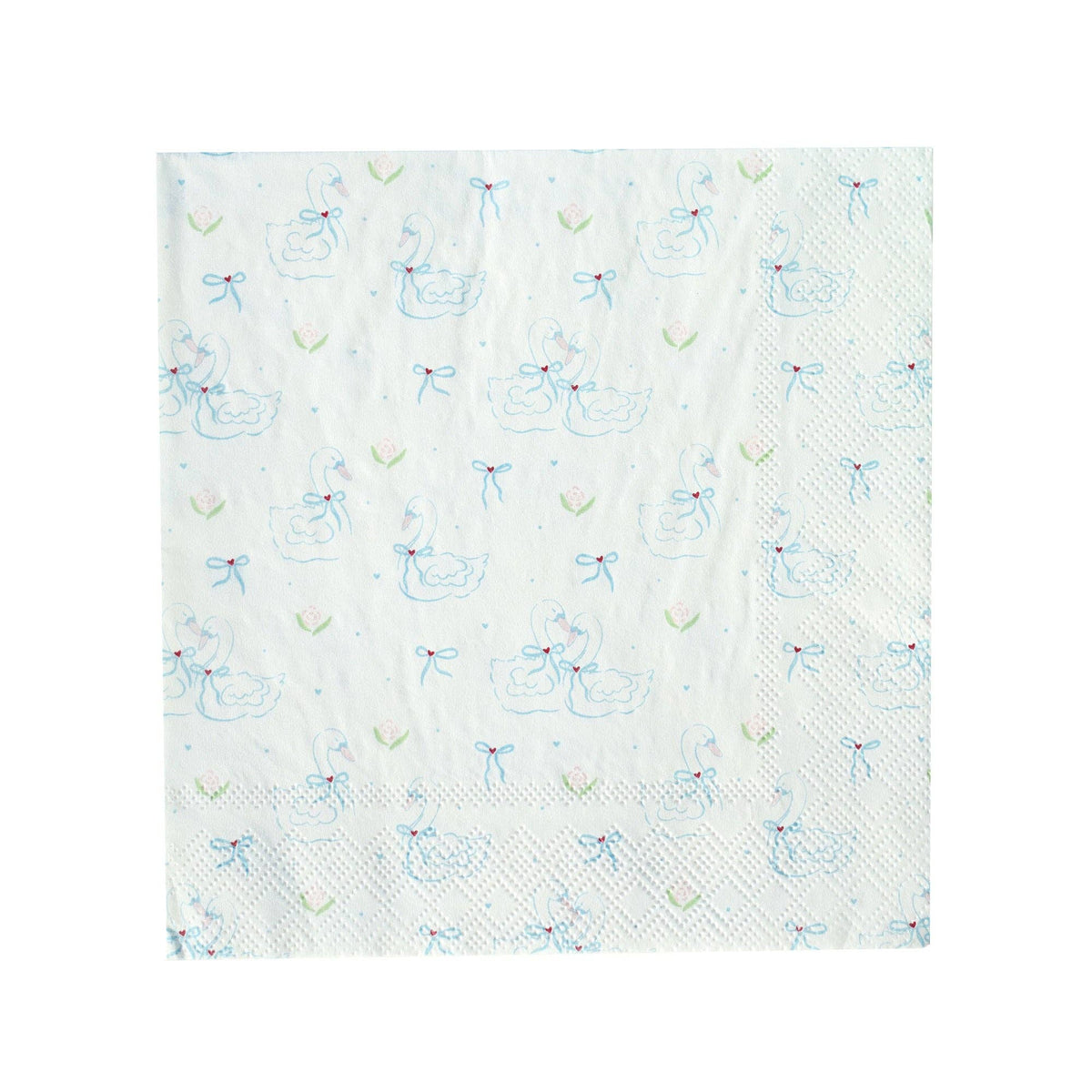 Single large white paper napkin with allover hand-sketched blue swan toile pattern featuring bows tulips and hearts on white background