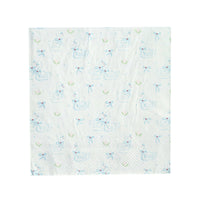 Single large white paper napkin with allover hand-sketched blue swan toile pattern featuring bows tulips and hearts on white background