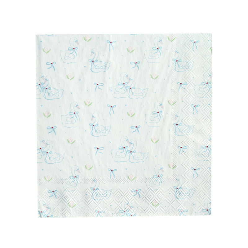 Single large white paper napkin with allover hand-sketched blue swan toile pattern featuring bows tulips and hearts on white background