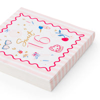 Stack of 5-inch pink and white striped napkins with hand-drawn Sweet 16 icons like car keys, cherries, and sunglasses.