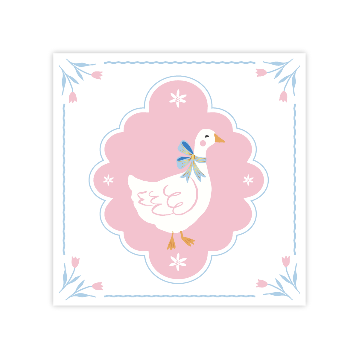 Sweet goose large napkin design with blue bow and pink tulip design