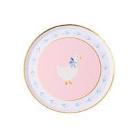 Pink goose dessert plate with blue bow and tulip border.
