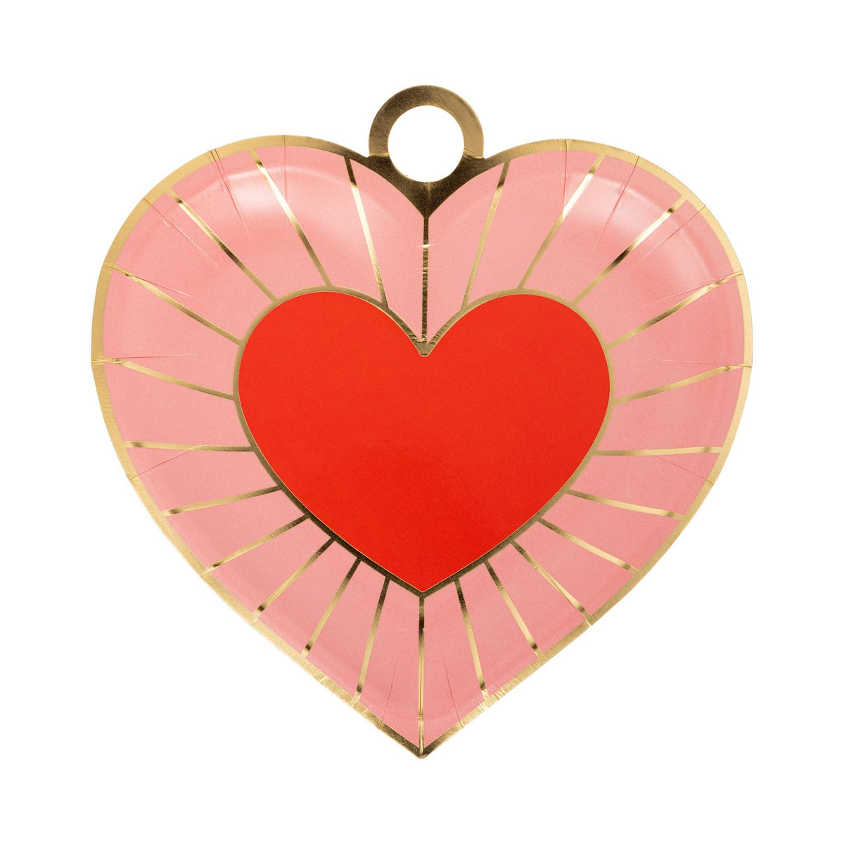 Pink heart-shaped plate with red center and gold foil radiating lines.