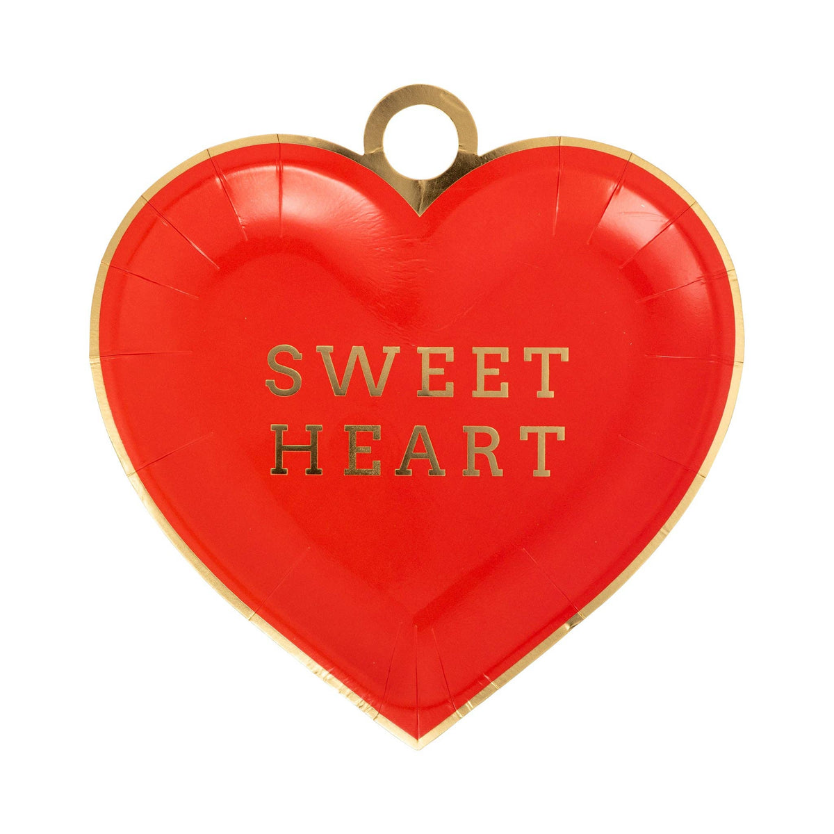 Red heart-shaped plate with “Sweet Heart” text and gold foil rim.
