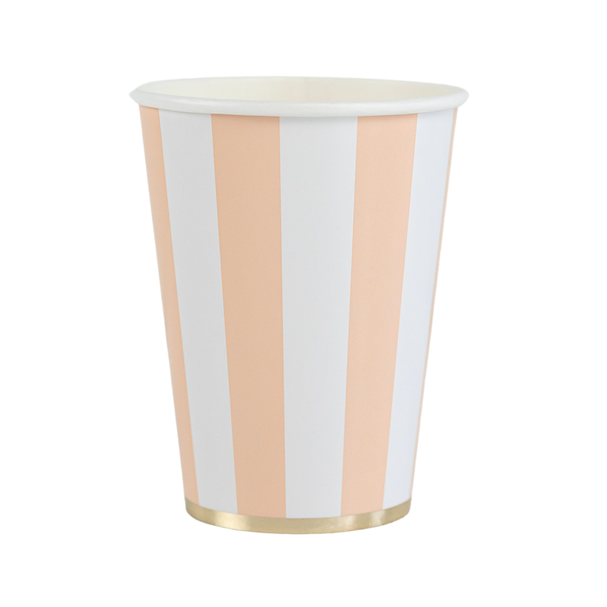 Peach and white cabana stripe paper cup with gold foil base on white background