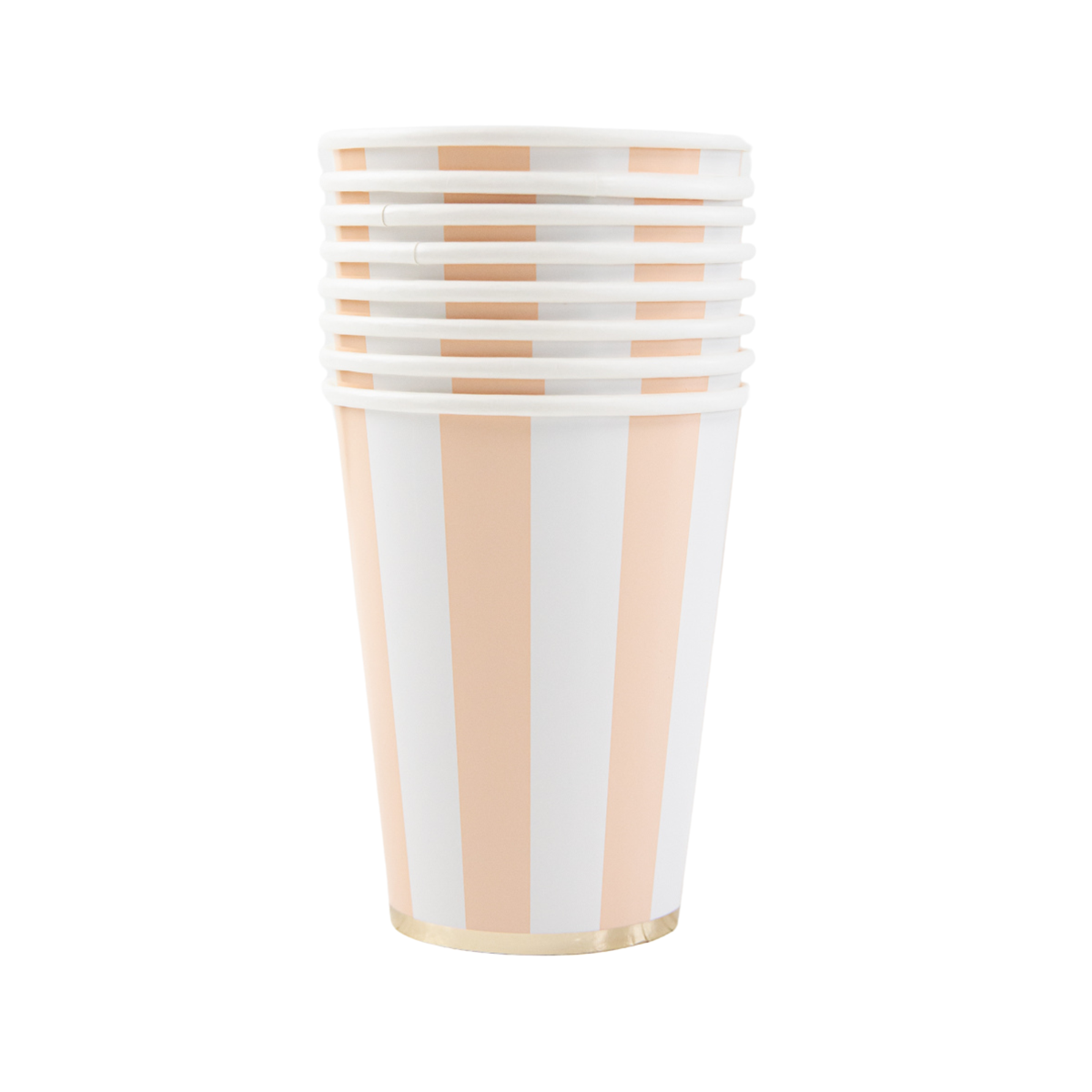 Stack of peach and white striped 12oz party cups with gold foil base detail