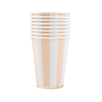 Stack of peach and white striped 12oz party cups with gold foil base detail