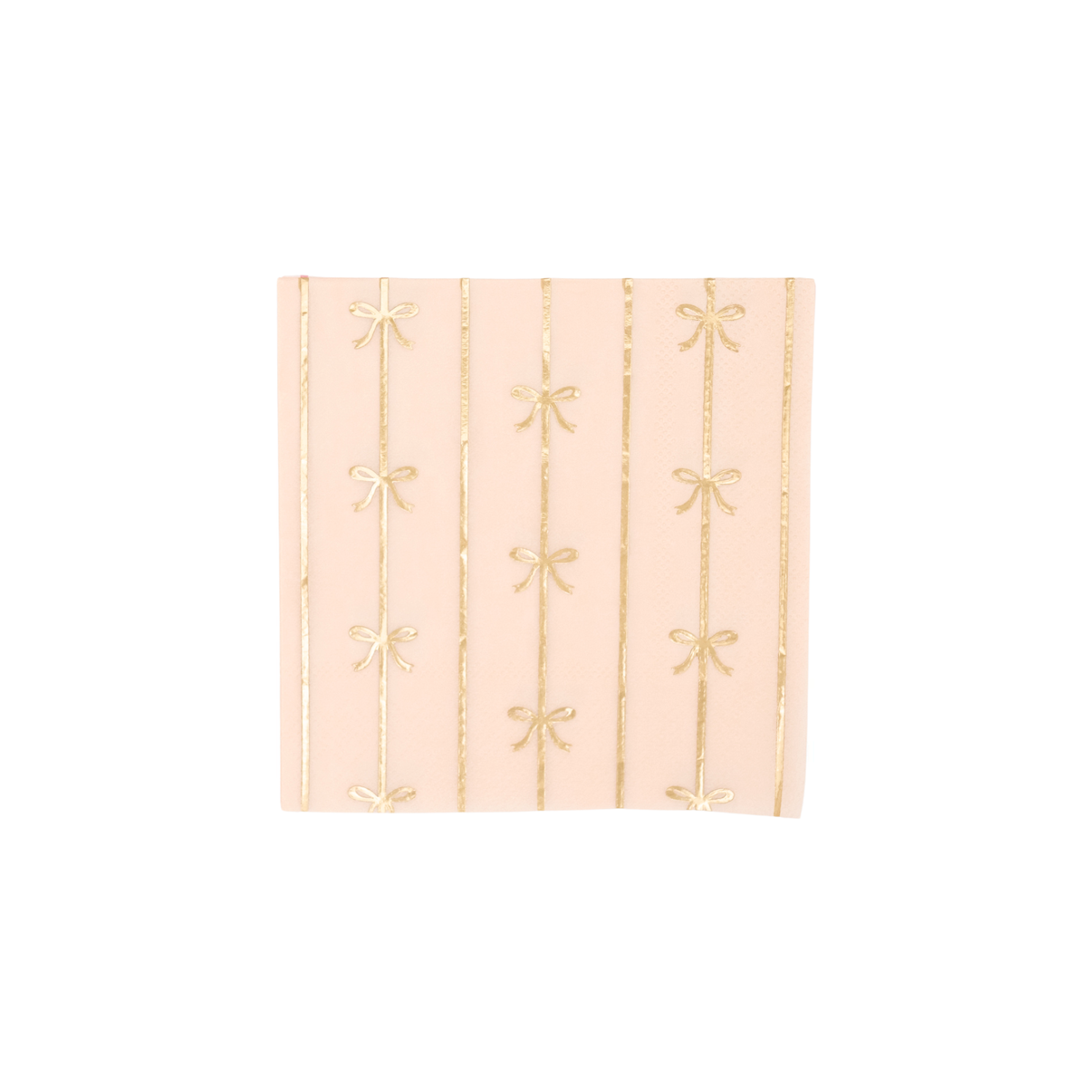 Soft peach cocktail napkin with vertical gold foil bow accents
