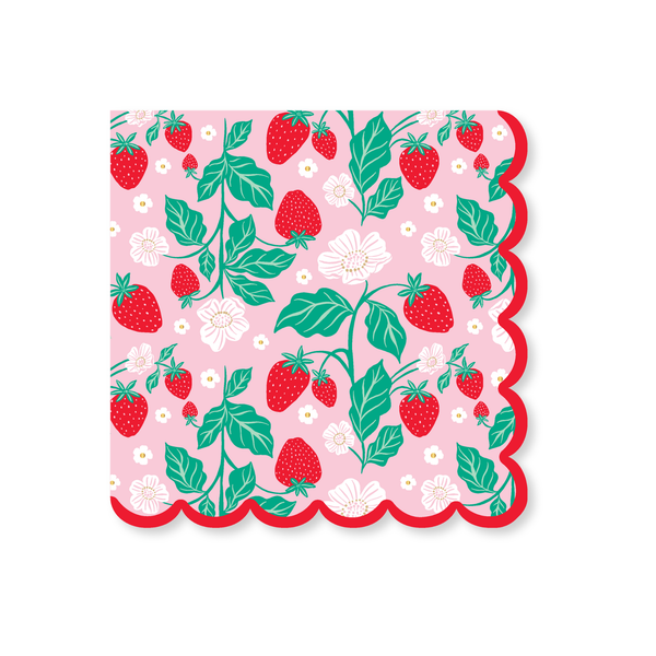 Sweet strawberry large napkin with scalloped edge and floral strawberry pattern