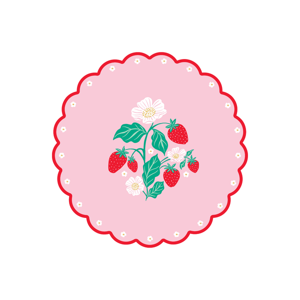 Sweet strawberry small plate with pink background and red scalloped edge