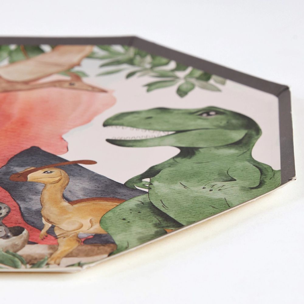 Alt Text: Close up detail of a green T-Rex on a paper plate