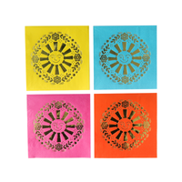 This image shows four colorful cocktail napkins featuring smiling sun designs in yellow, blue, pink, and orange.
