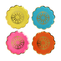 This image shows four scalloped paper plates in yellow, blue, pink, and orange with smiling sun designs and gold foil details.
