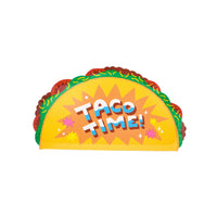 This image shows a taco-shaped paper plate with the words “Taco Time!” printed on a bright yellow background.