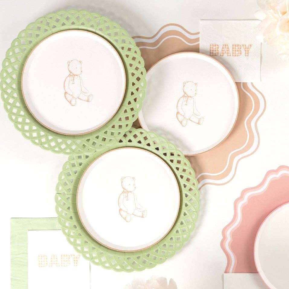 Tan gingham BABY napkins with teddy bear plates on sage green and tan chargers