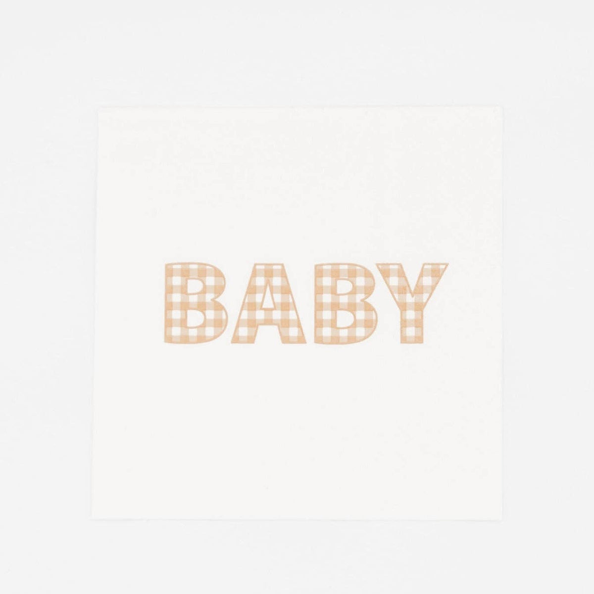 Tan gingham BABY paper cocktail napkin, white square napkin with baby spelled in warm tan gingham letters