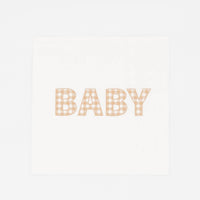 Tan gingham BABY paper cocktail napkin, white square napkin with baby spelled in warm tan gingham letters