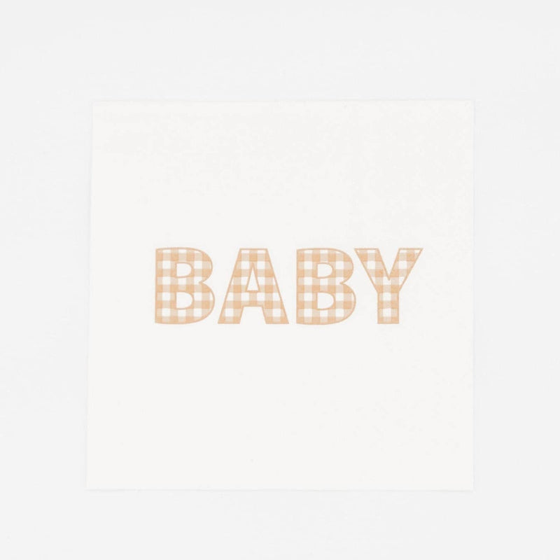 Tan gingham BABY paper cocktail napkin, white square napkin with baby spelled in warm tan gingham letters