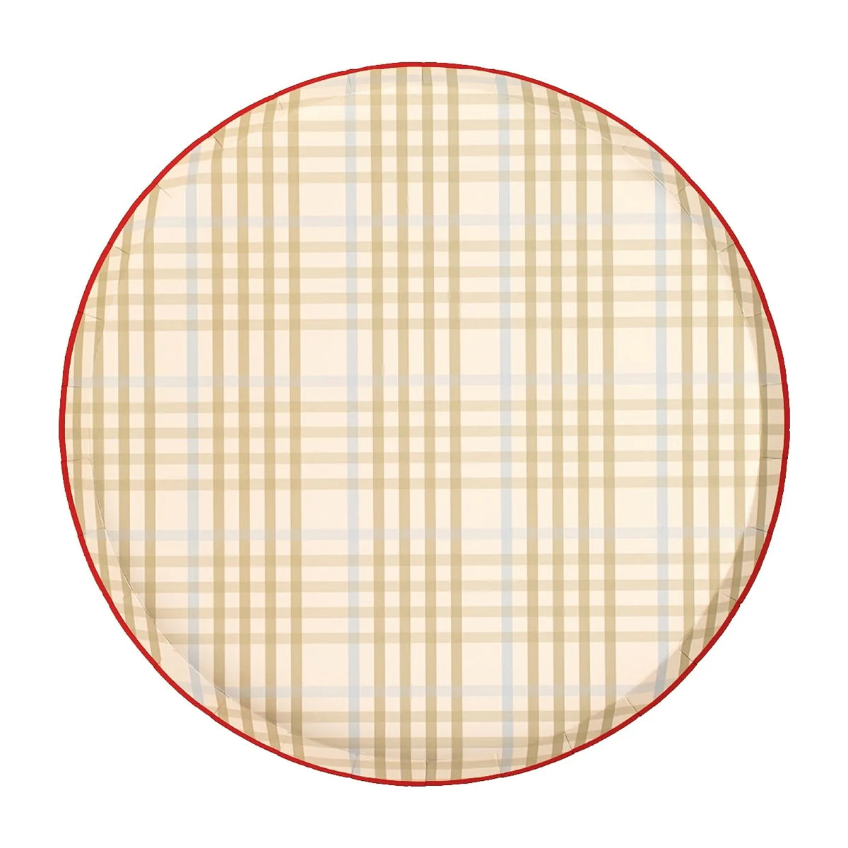 Round tan and cream plaid paper dinner plate with a red rim, shown flat on a white background.