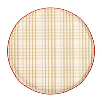 Round tan and cream plaid paper dinner plate with a red rim, shown flat on a white background.