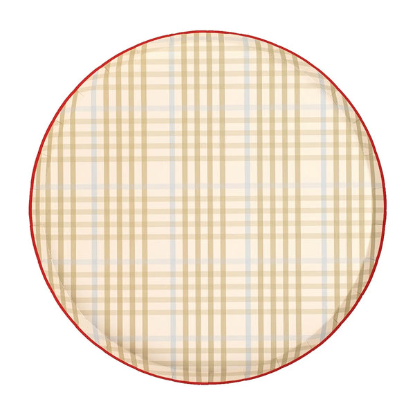 Round tan and cream plaid paper dinner plate with a red rim, shown flat on a white background.