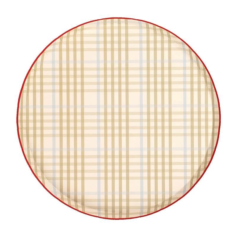 Round tan and cream plaid paper dinner plate with a red rim, shown flat on a white background.