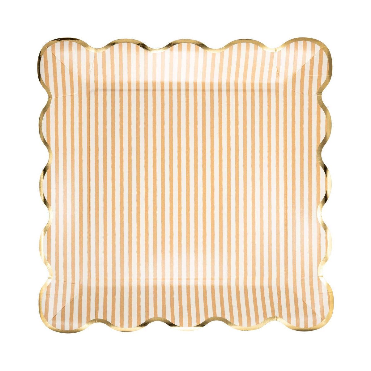 Tan striped square paper plate with scalloped edges on white background