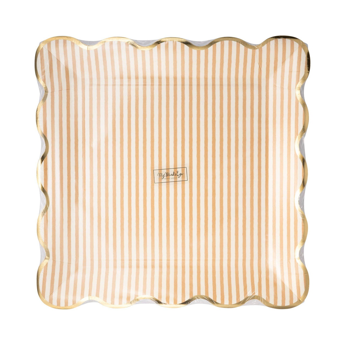 Packaging of tan striped 10 inch paper plates