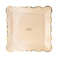 Packaging of tan striped 10 inch paper plates