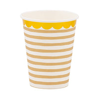 Tan striped baby shower paper cup with gold foil scalloped rim