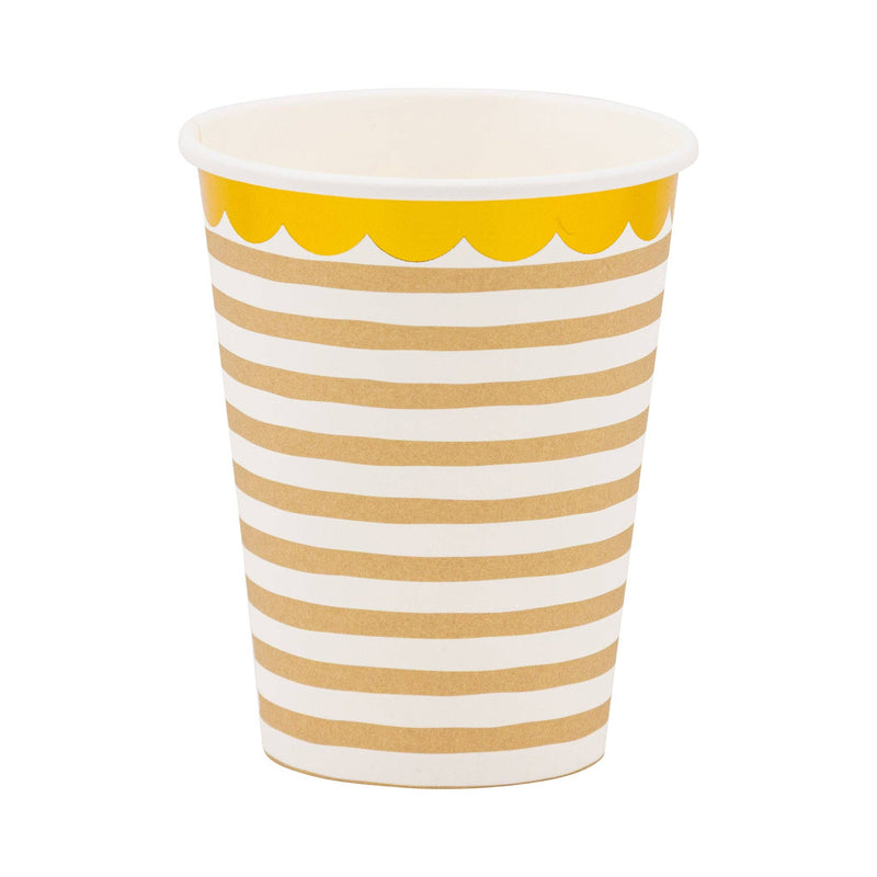 Tan striped baby shower paper cup with gold foil scalloped rim