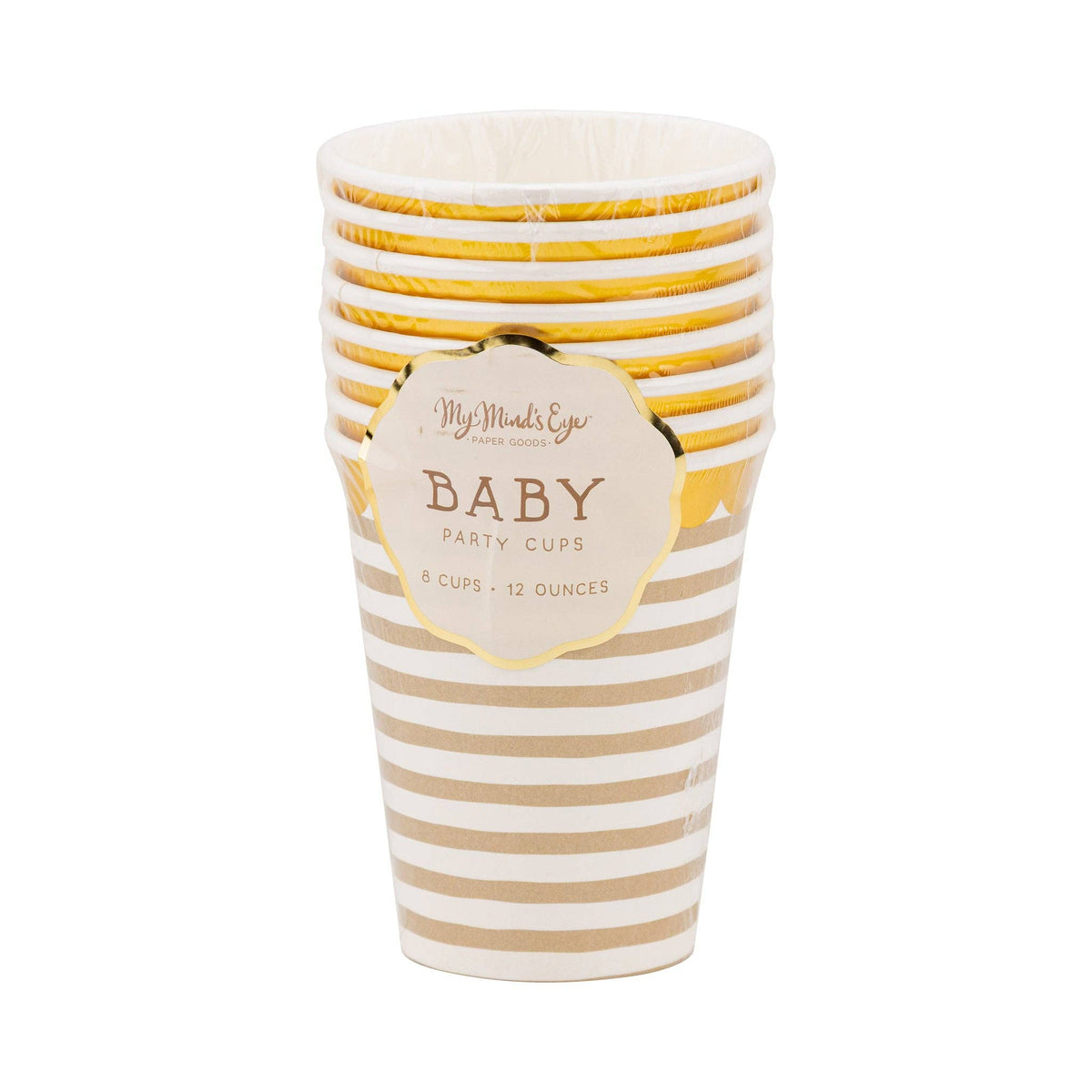 Packaged tan striped baby shower cups with gold foil detail