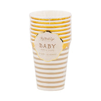 Packaged tan striped baby shower cups with gold foil detail