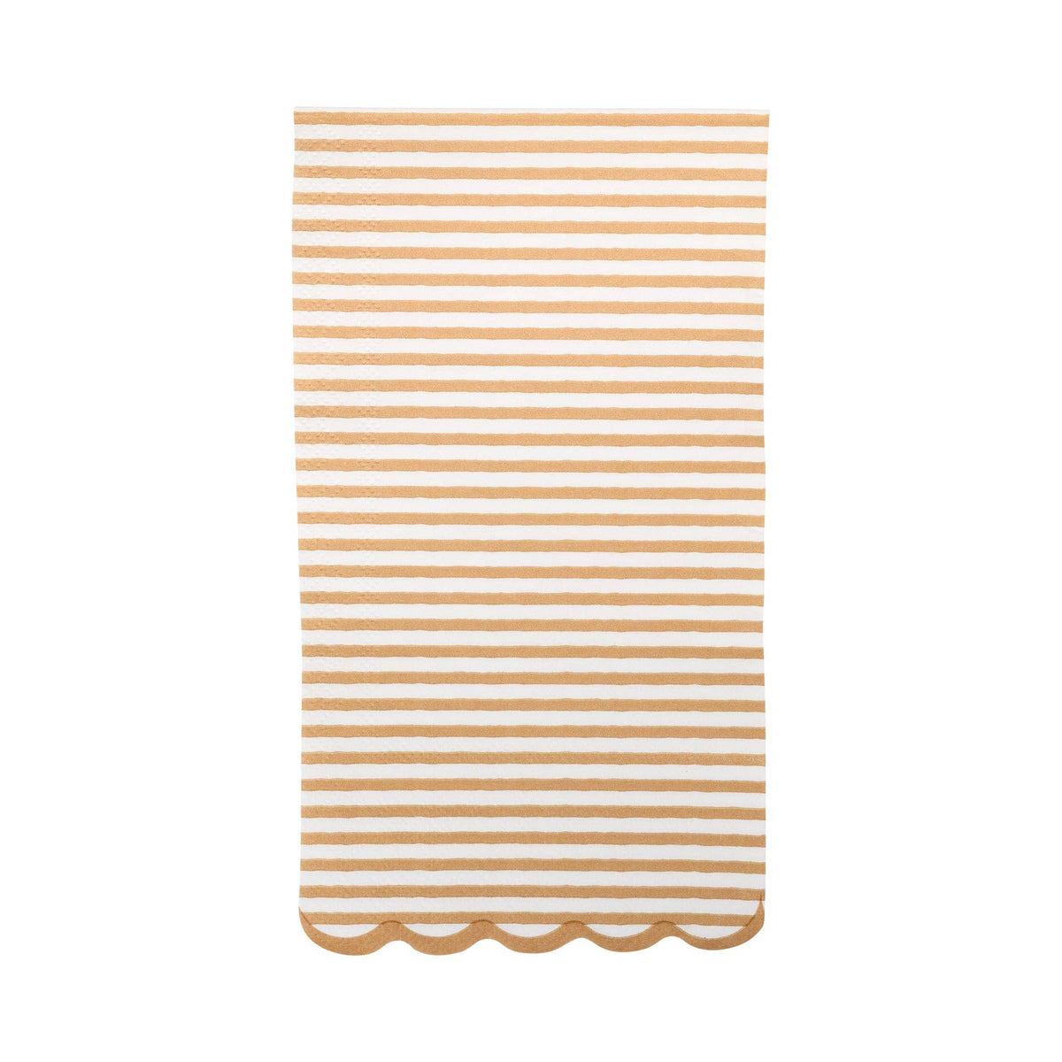 Tan striped dinner napkin with scalloped edge on white background