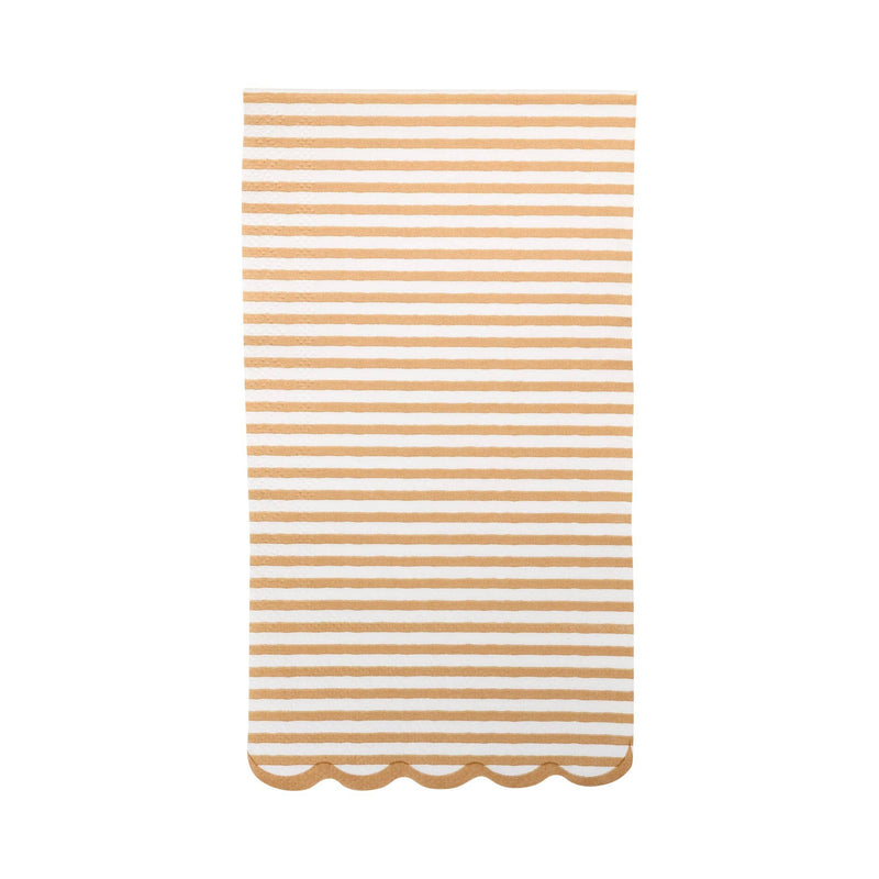 Tan striped dinner napkin with scalloped edge on white background