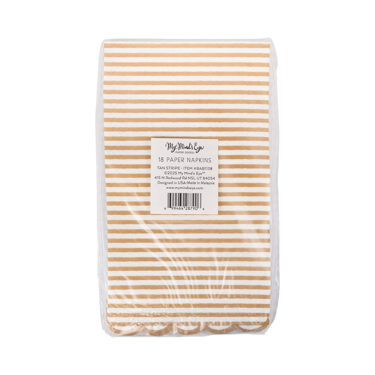 Back of packaged tan striped dinner napkins with product label