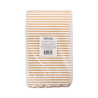 Back of packaged tan striped dinner napkins with product label