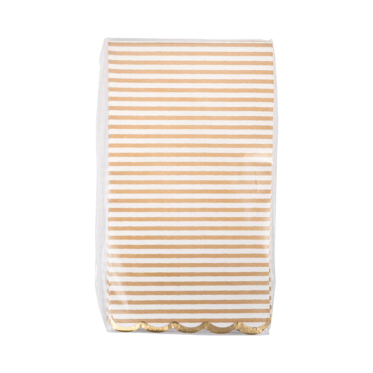Packaged tan striped paper dinner napkins front view