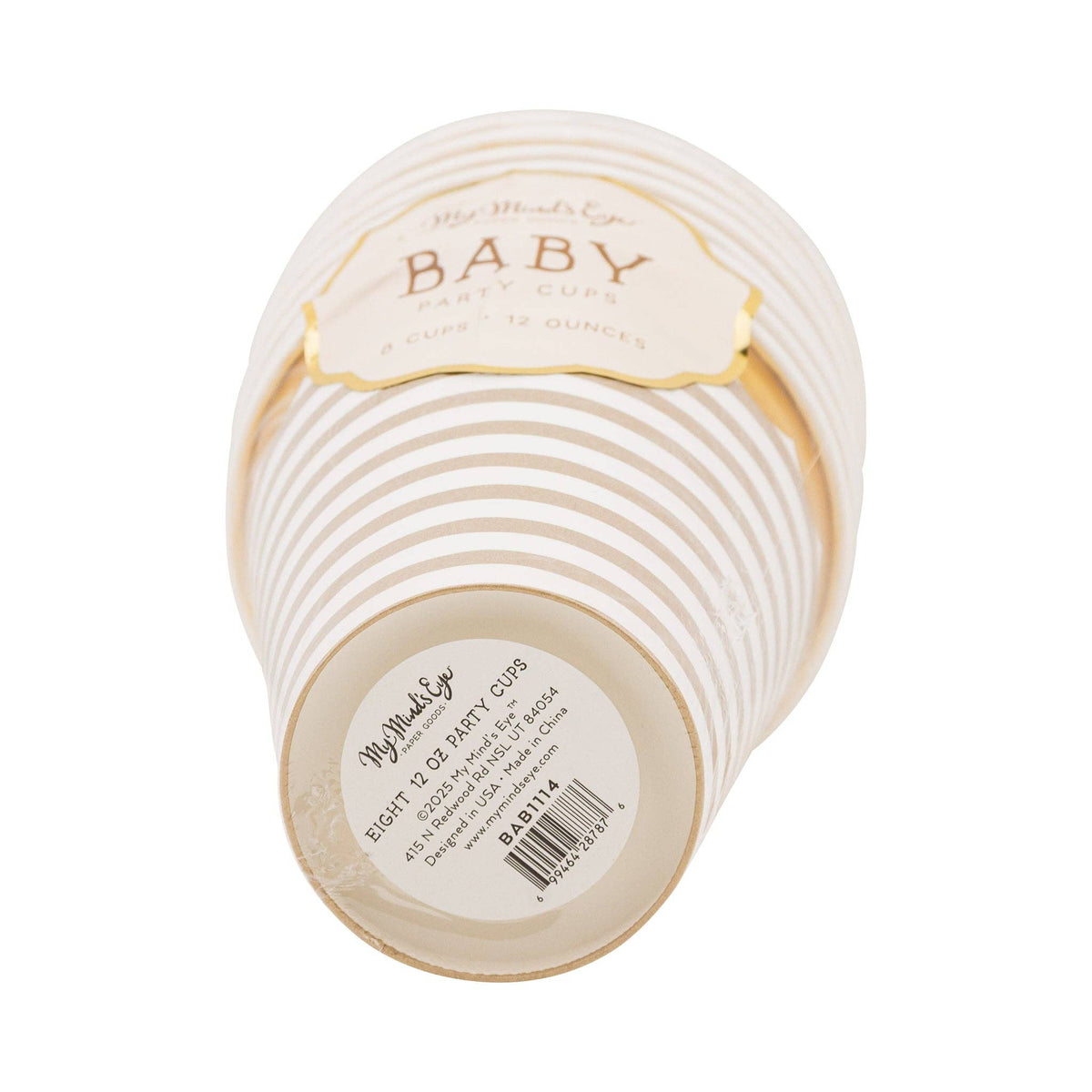 Bottom view of stacked tan striped baby shower cups showing product label