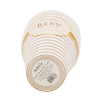 Bottom view of stacked tan striped baby shower cups showing product label