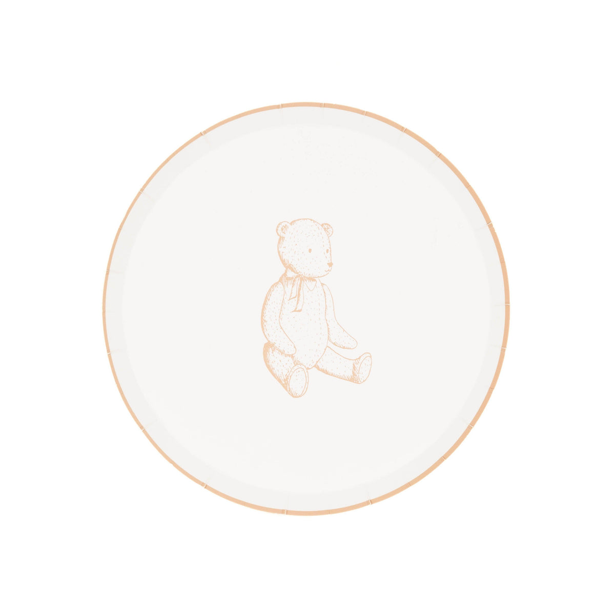 Tan teddy bear paper dessert plate, cream plate with a tan rim and a sketched sitting bear